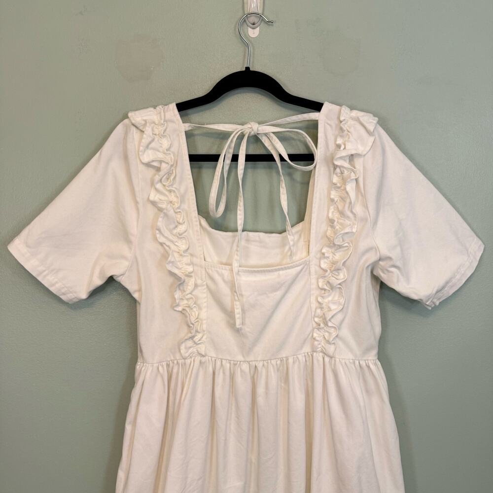 ASOS Denim Mini Dress 14 White Coquette Milkmaid Babydoll Feminine Cottagecore - Picture 6 of 13